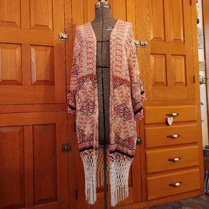 Millau pink, orange & purple macrame fringe open front kimono
